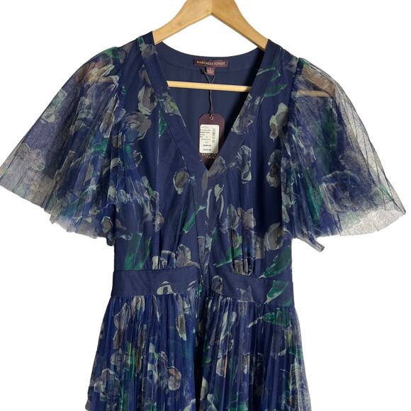 Marchesa Voyage Iris Blue Sheer Pleated Floral Print V-Neck Midi Dress 2 - Picture 6 of 16